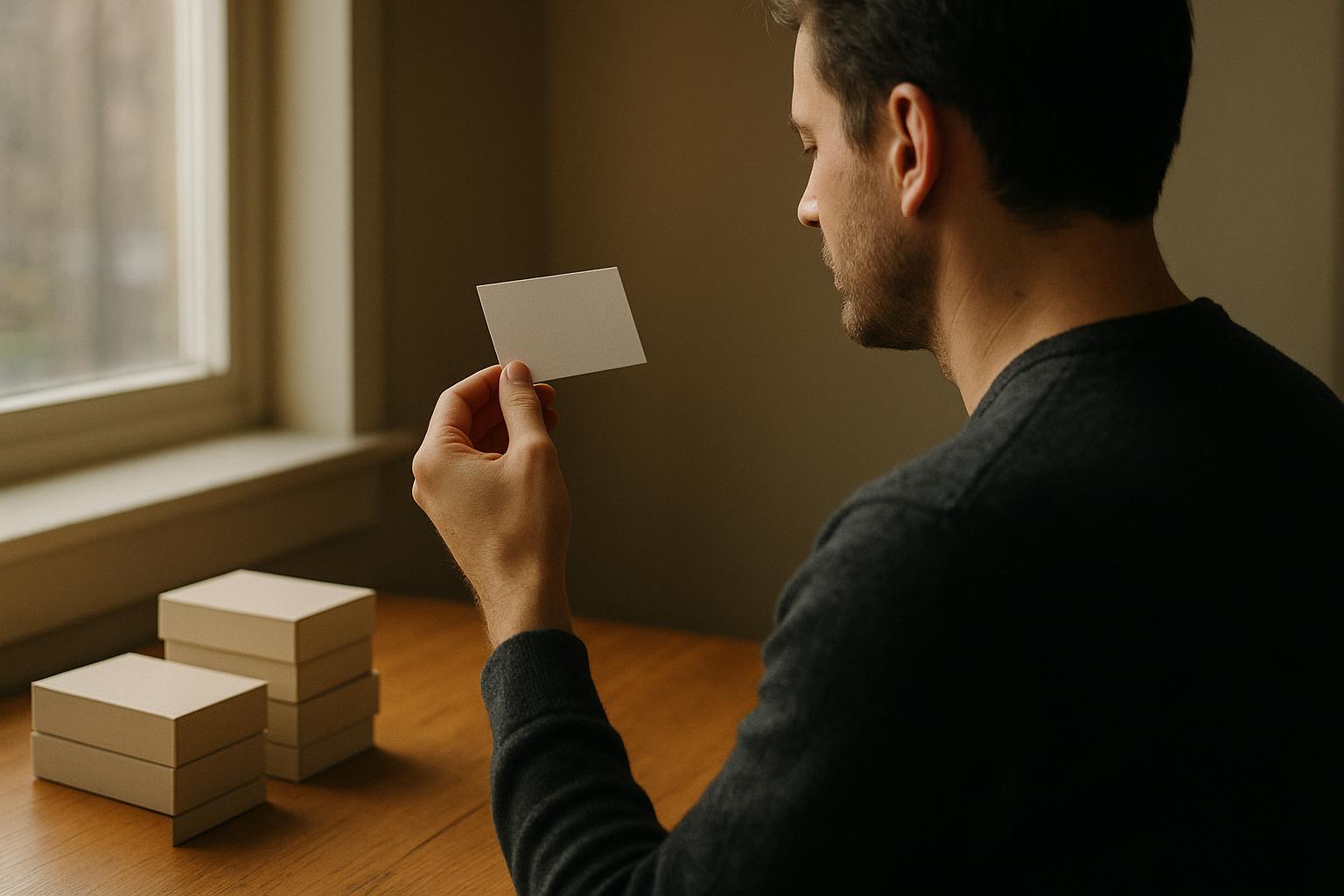 Founder reviewing fresh business cards at a desk beside a laptop