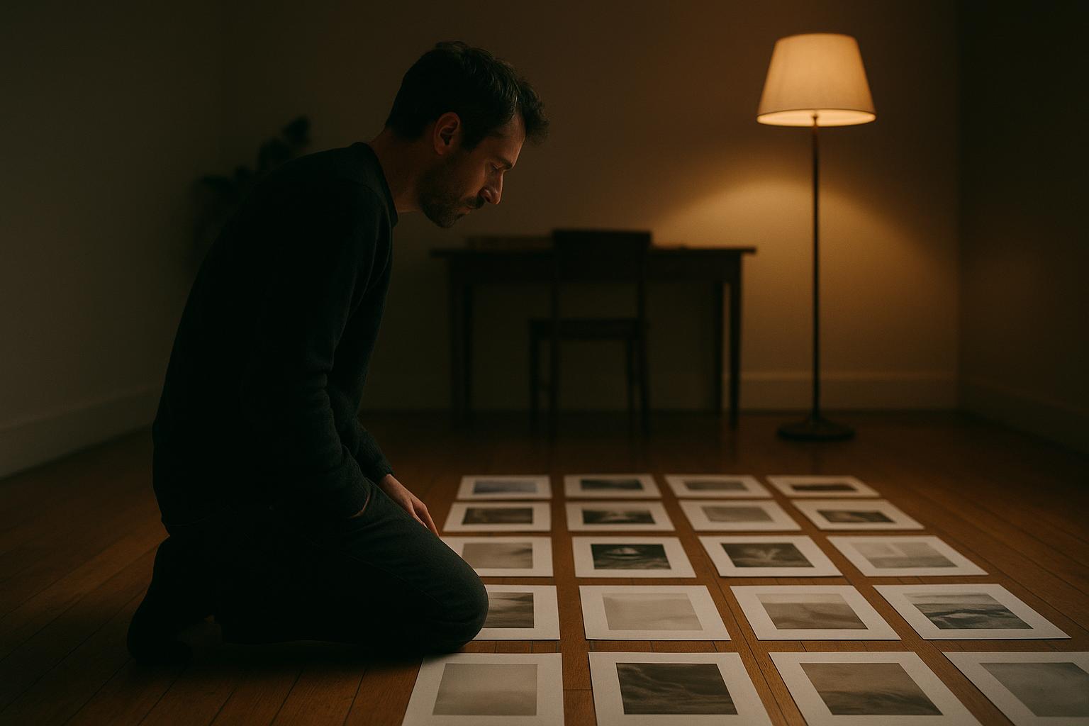 Founder reviewing sticky notes and laptop in a small office