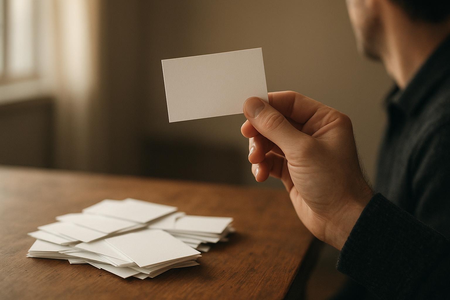 Founder testing app name on phone beside printed business cards