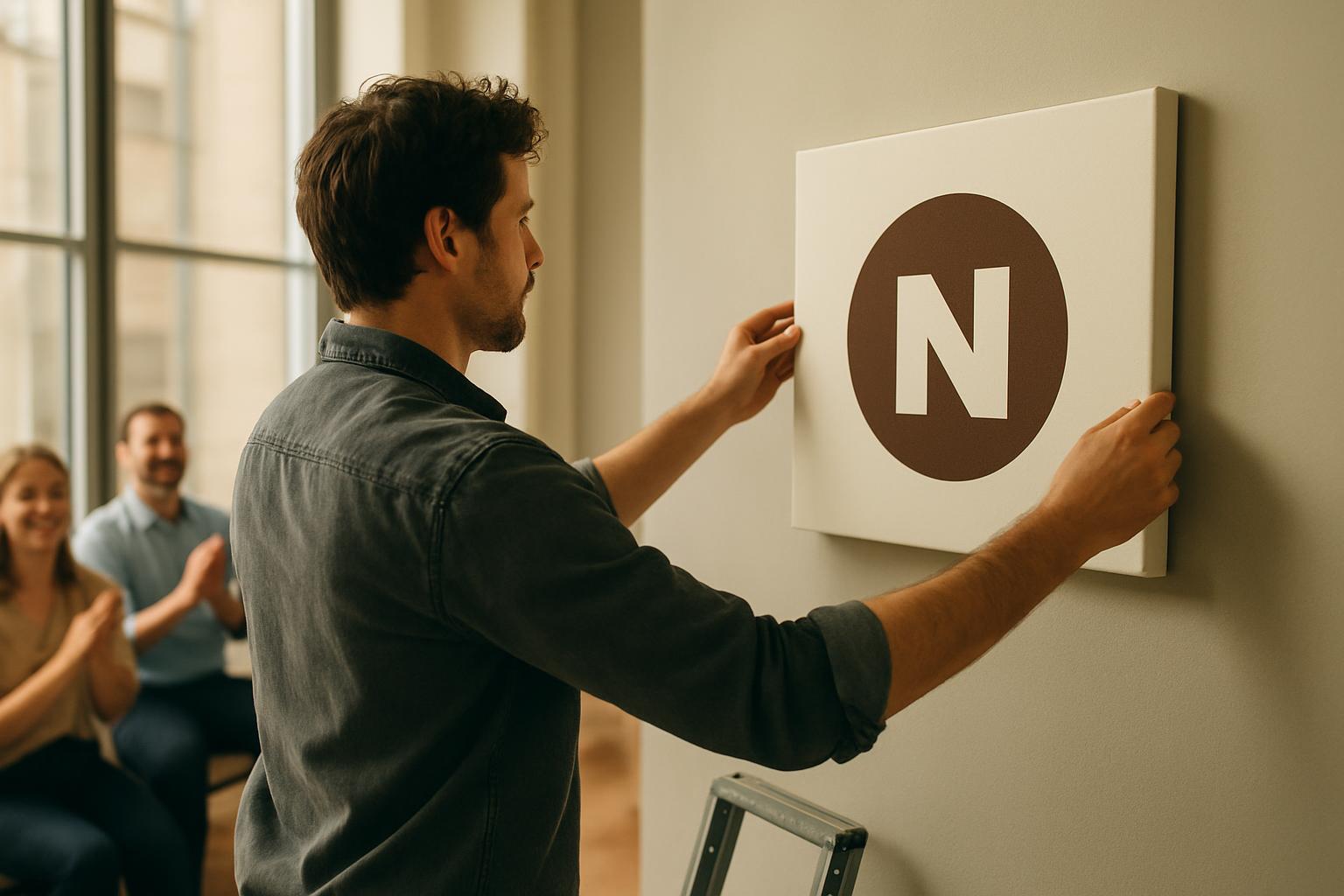 Founder reviewing new logo options at a laptop in an office