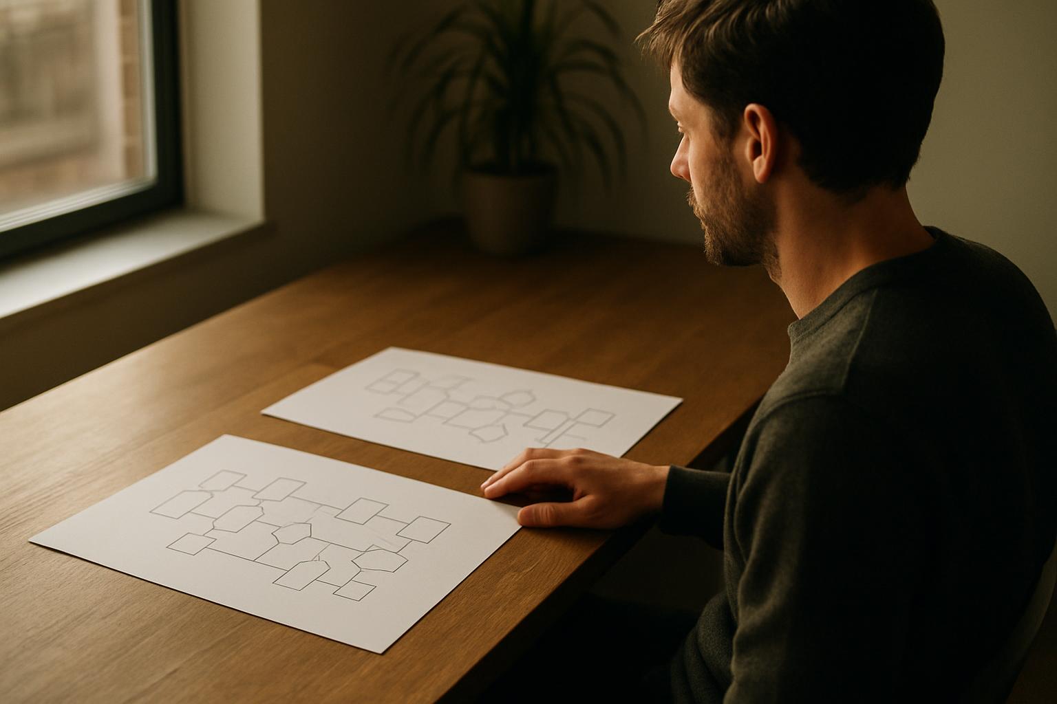 Founder reviewing product screens and brand notes in a quiet office