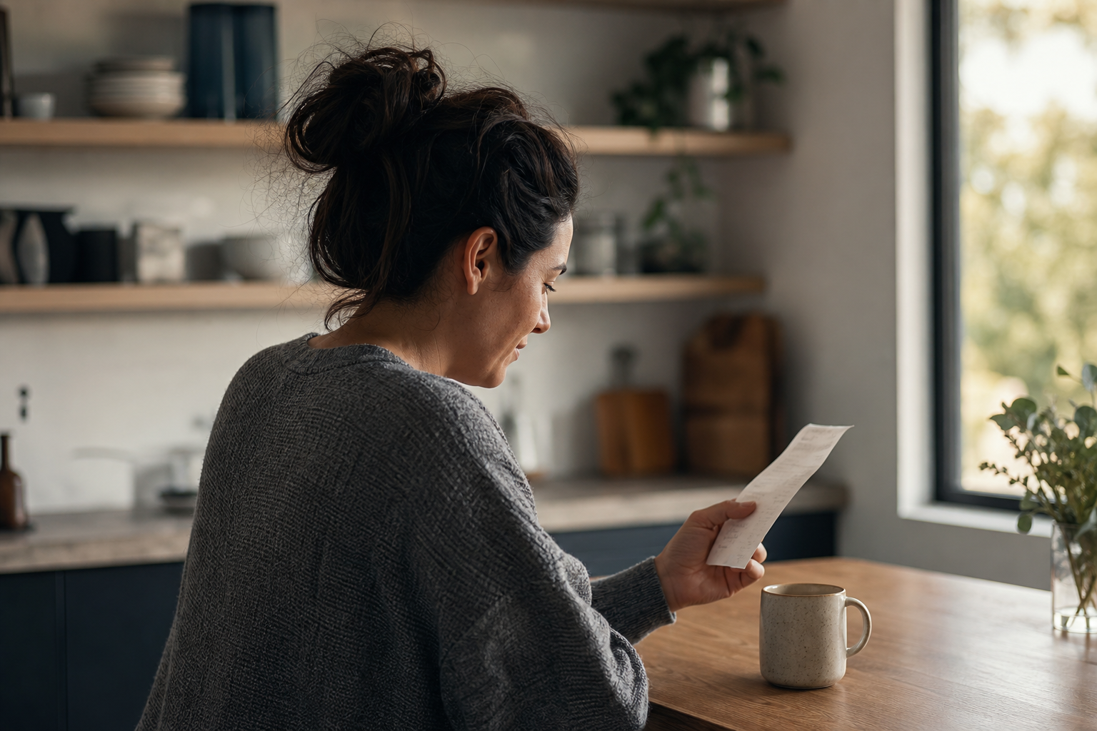 Founder reviewing a small domain renewal invoice at a laptop