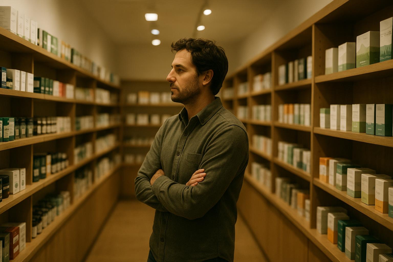 Founder comparing cannabis packages on a crowded dispensary shelf
