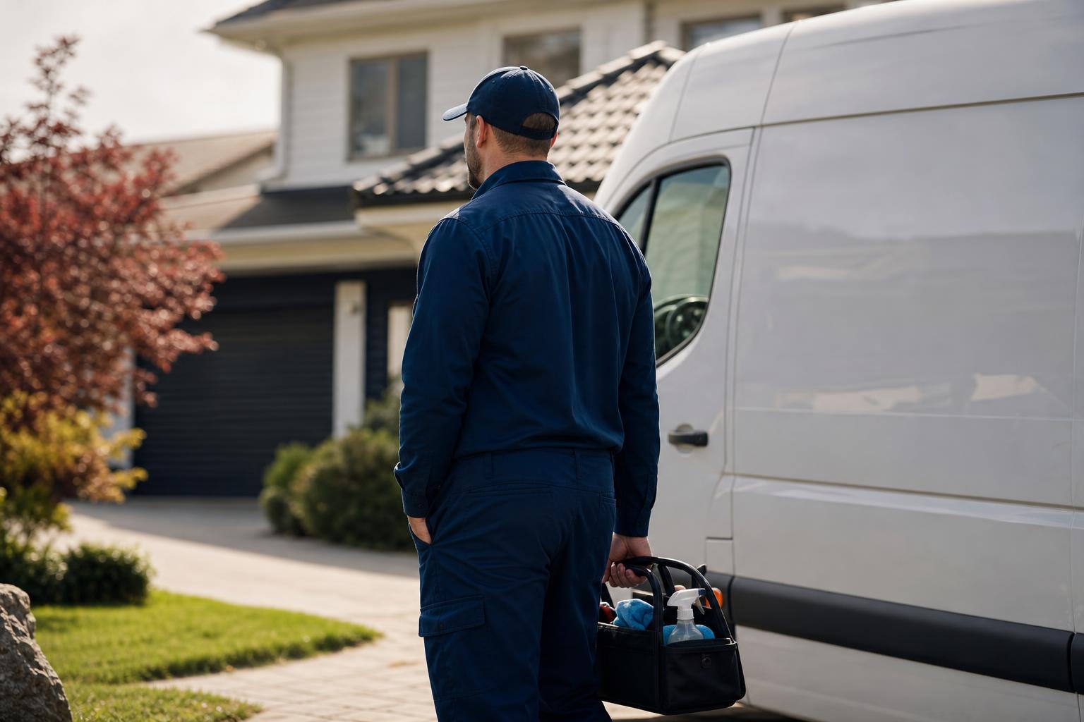 Cleaning business owner reviewing sale documents beside branded company uniforms