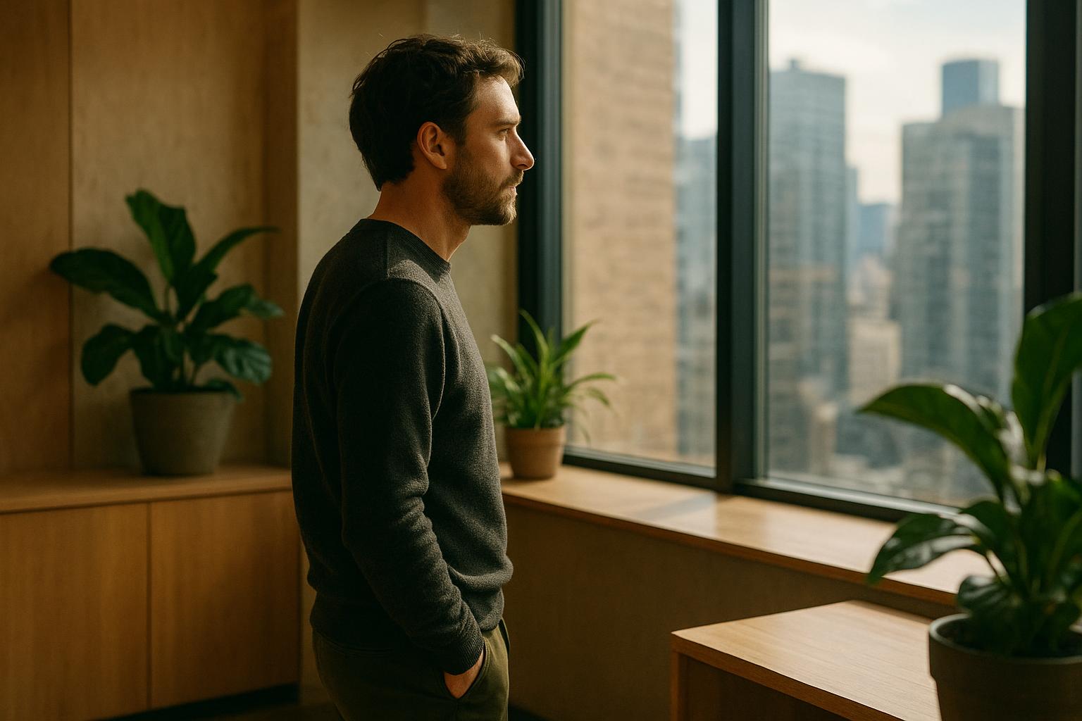 Founder reviewing climate startup names on laptop in office