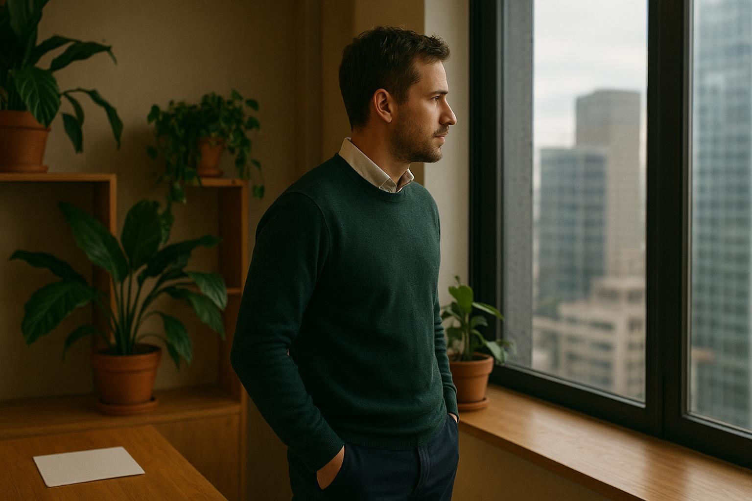 Founder reviewing climate startup names on laptop in shared office