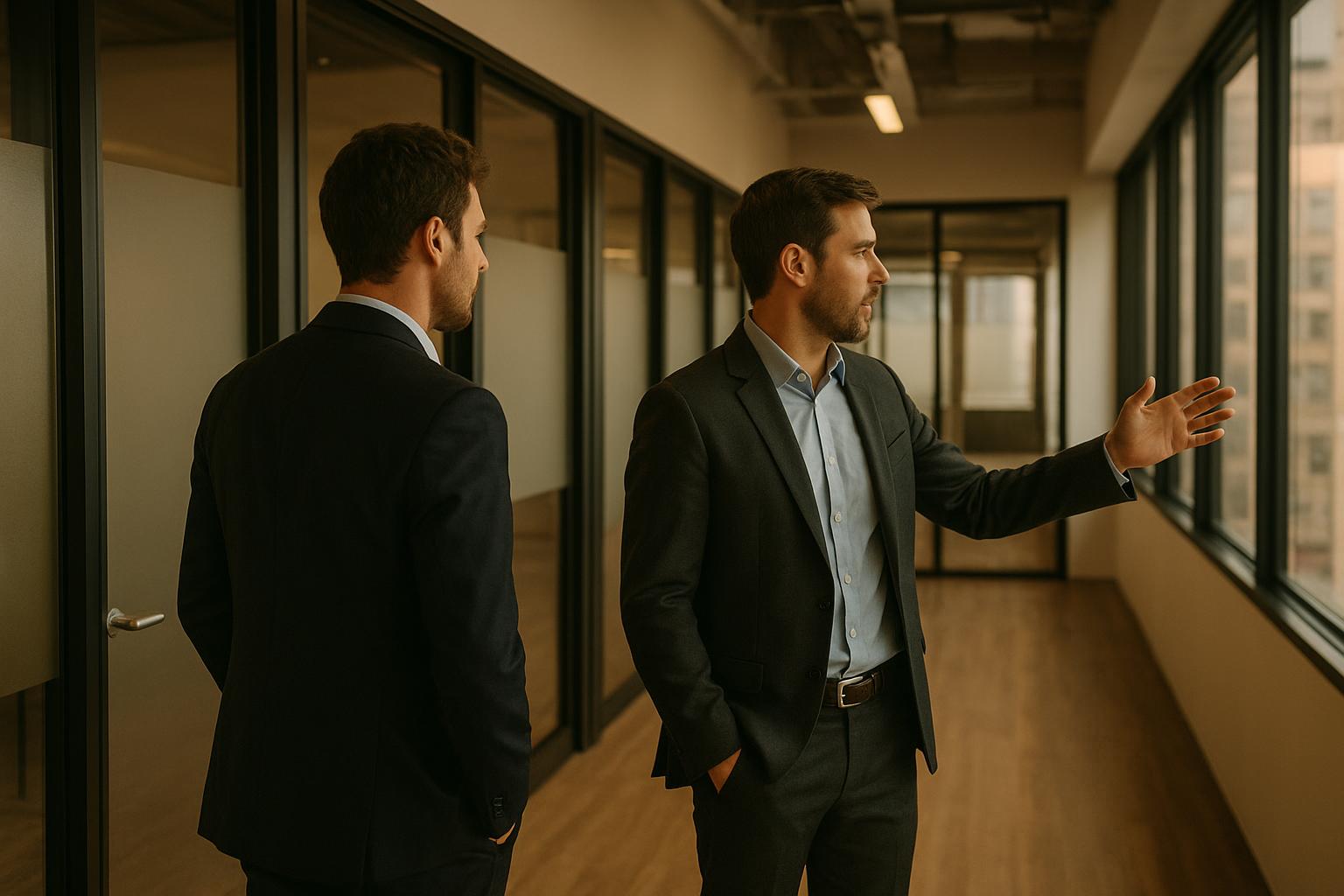 Founder reviewing coworking space branding on laptop in modern lobby