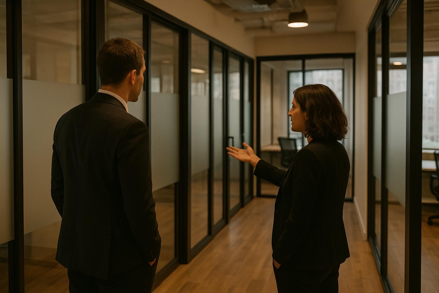 Lawyer reviewing coworking space brochure in a modern shared office