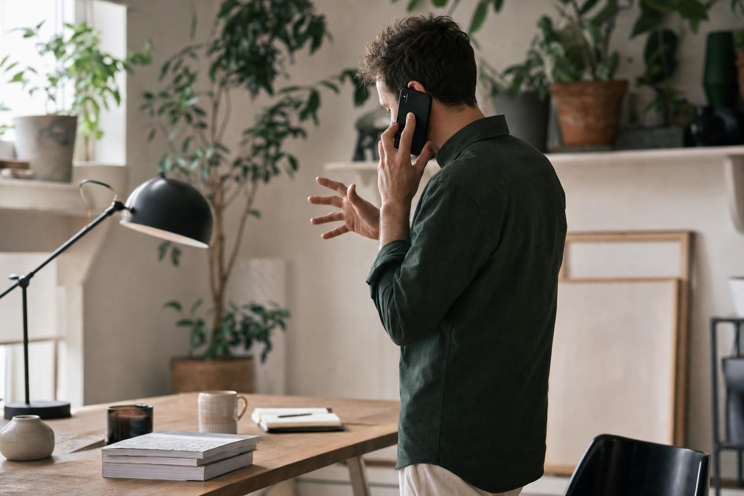 Founder on phone writing a hyphenated domain in office
