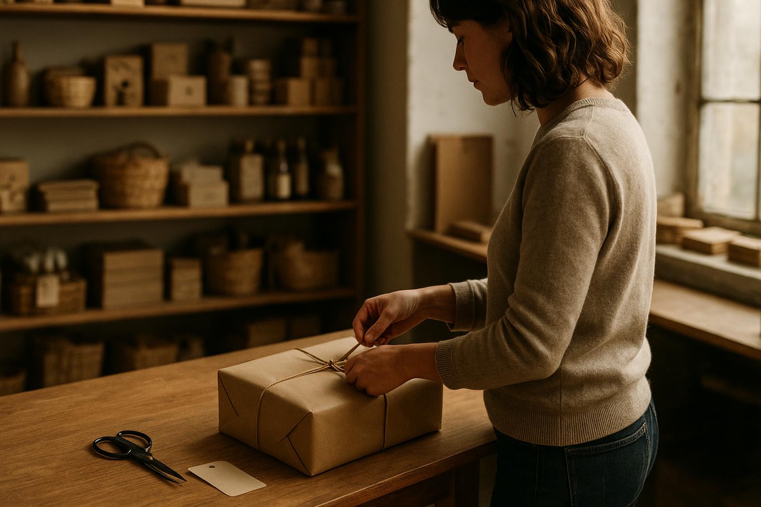 Shop owner reviewing wholesale order forms beside handmade products