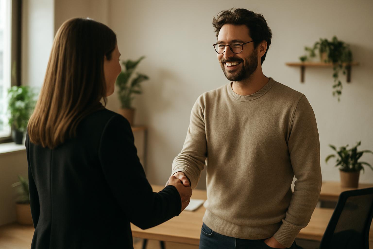 New employee reviewing brand notes beside founder in small office