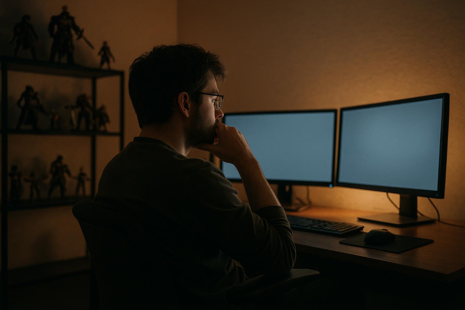 Indie developer reviewing Steam search results on a laptop