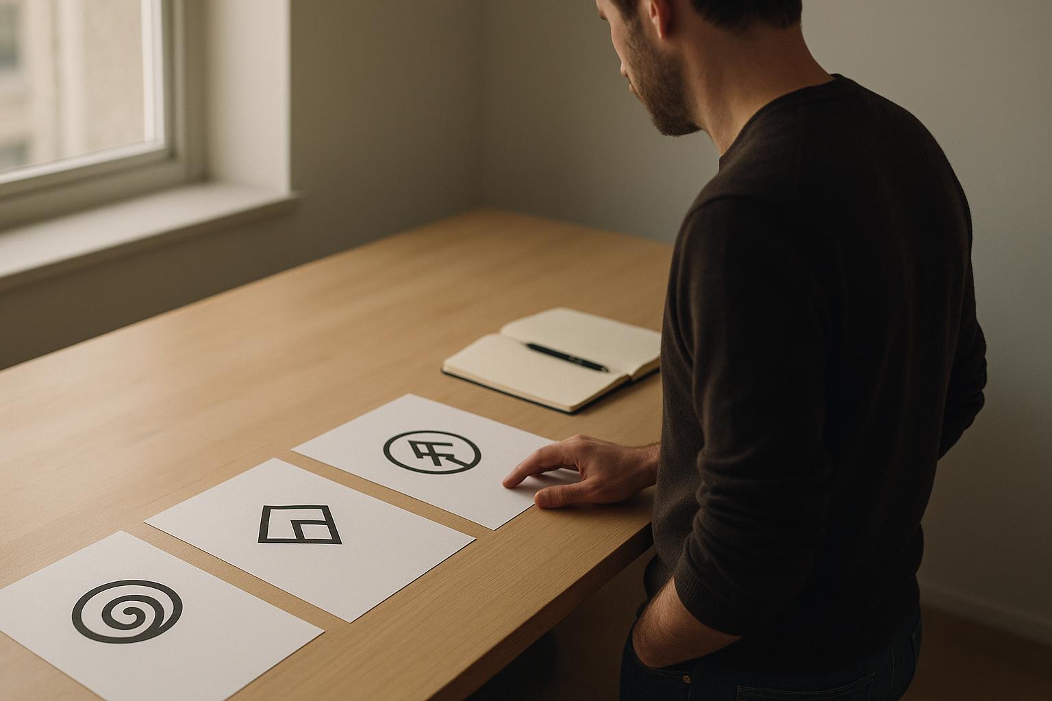 Founder reviewing three name options beside a designer's laptop