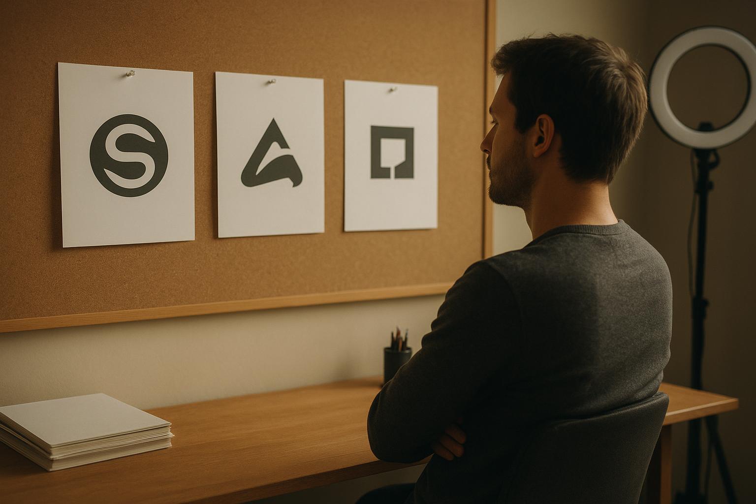 Founder comparing newsletter podcast and video logos on laptop screen