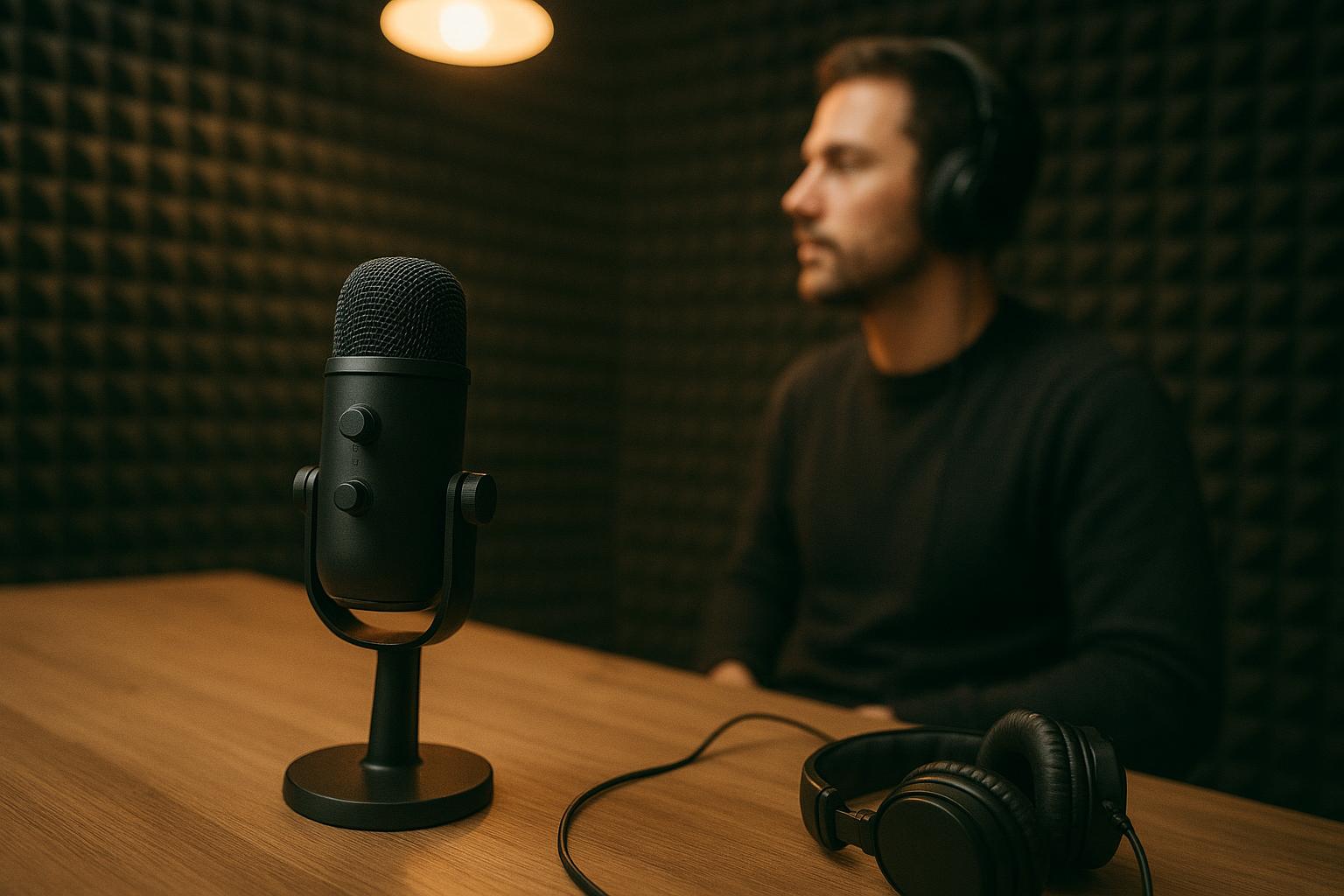 Podcast host reviewing cover art and analytics at a studio desk