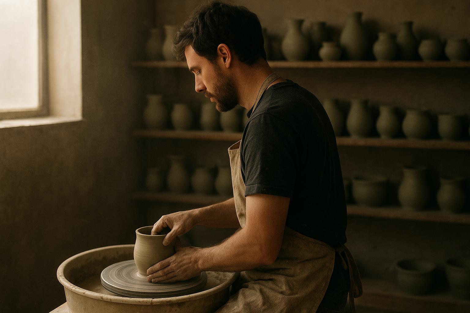 Ceramic artist reviewing name ideas beside mugs in a studio