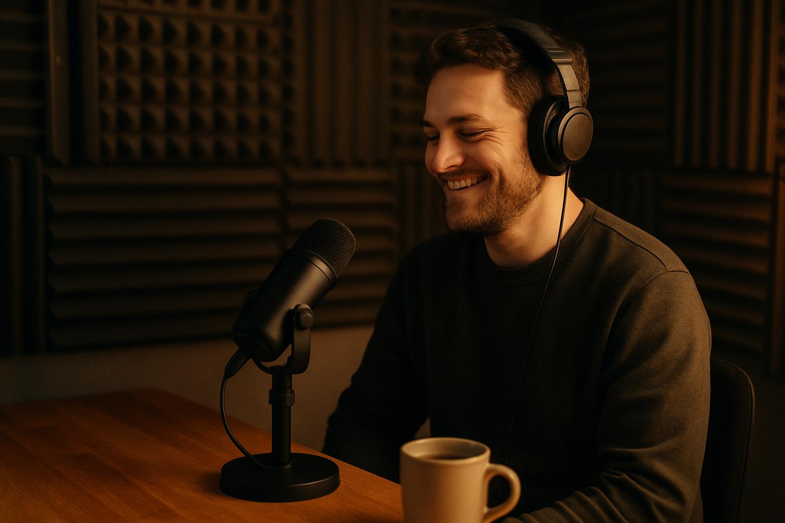 Podcast host reading sponsor copy in a small recording studio