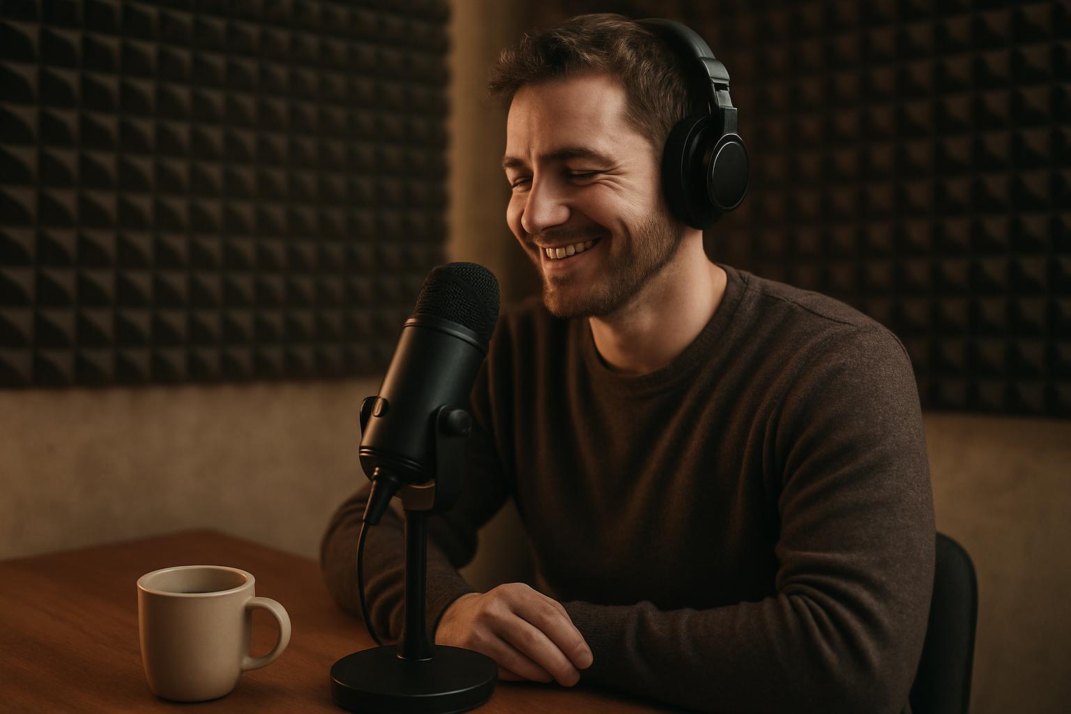 Podcast host recording a sponsor read in a small studio