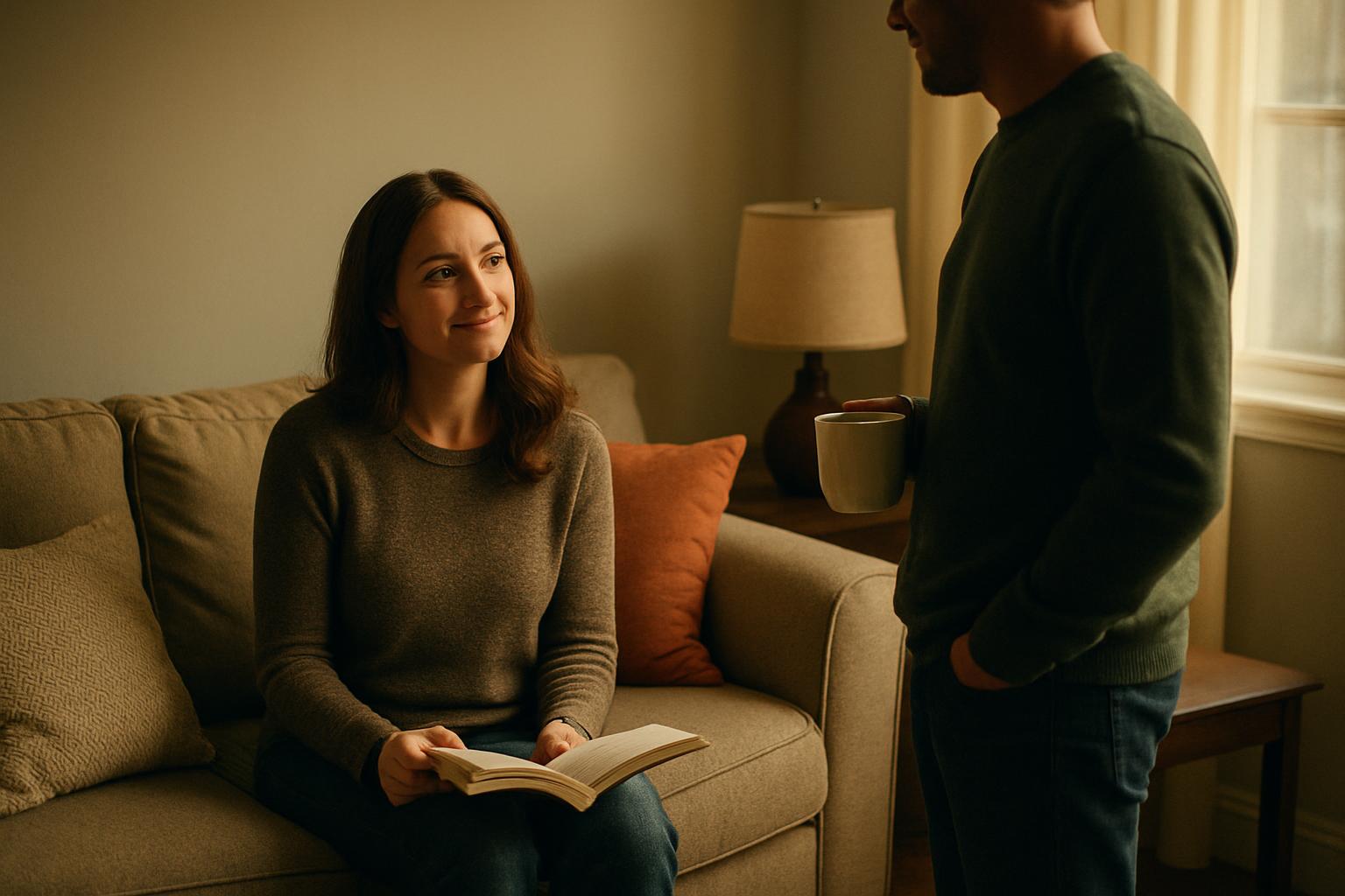 Founder showing spouse a laptop at a kitchen table