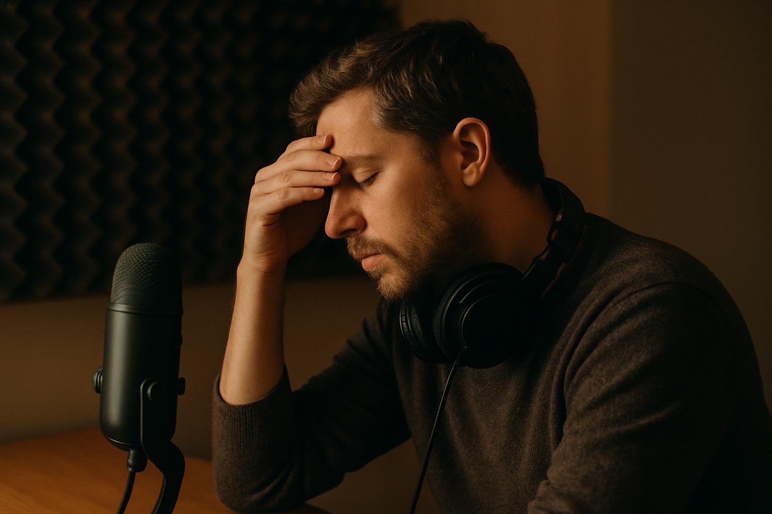 Founder listening to podcast preview at laptop in office