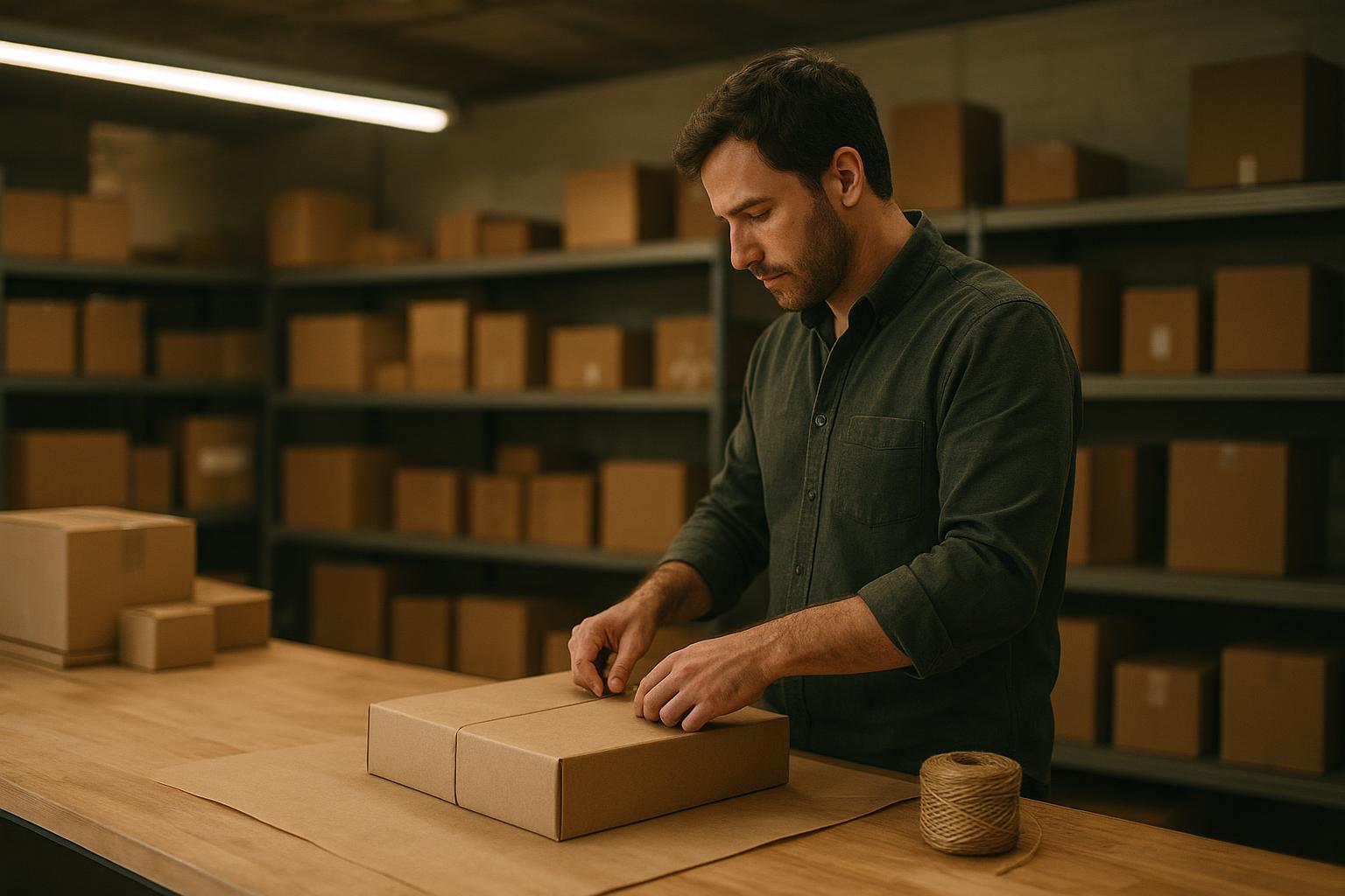 Founder reviewing subscription box packaging and product samples at a desk
