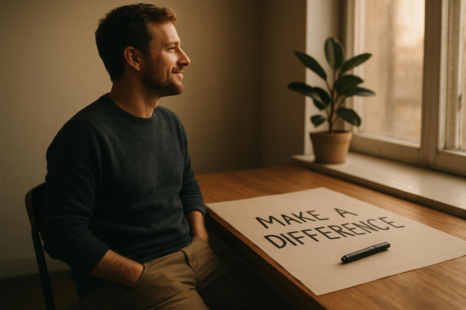 Founder drafting taglines beside a laptop in a small office