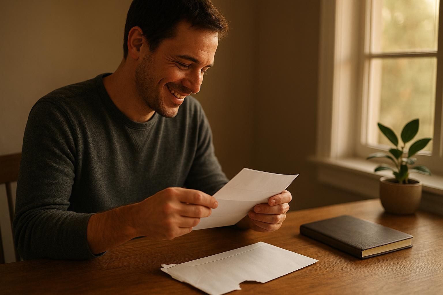 Founder reading USPTO approval email at a laptop in a quiet office