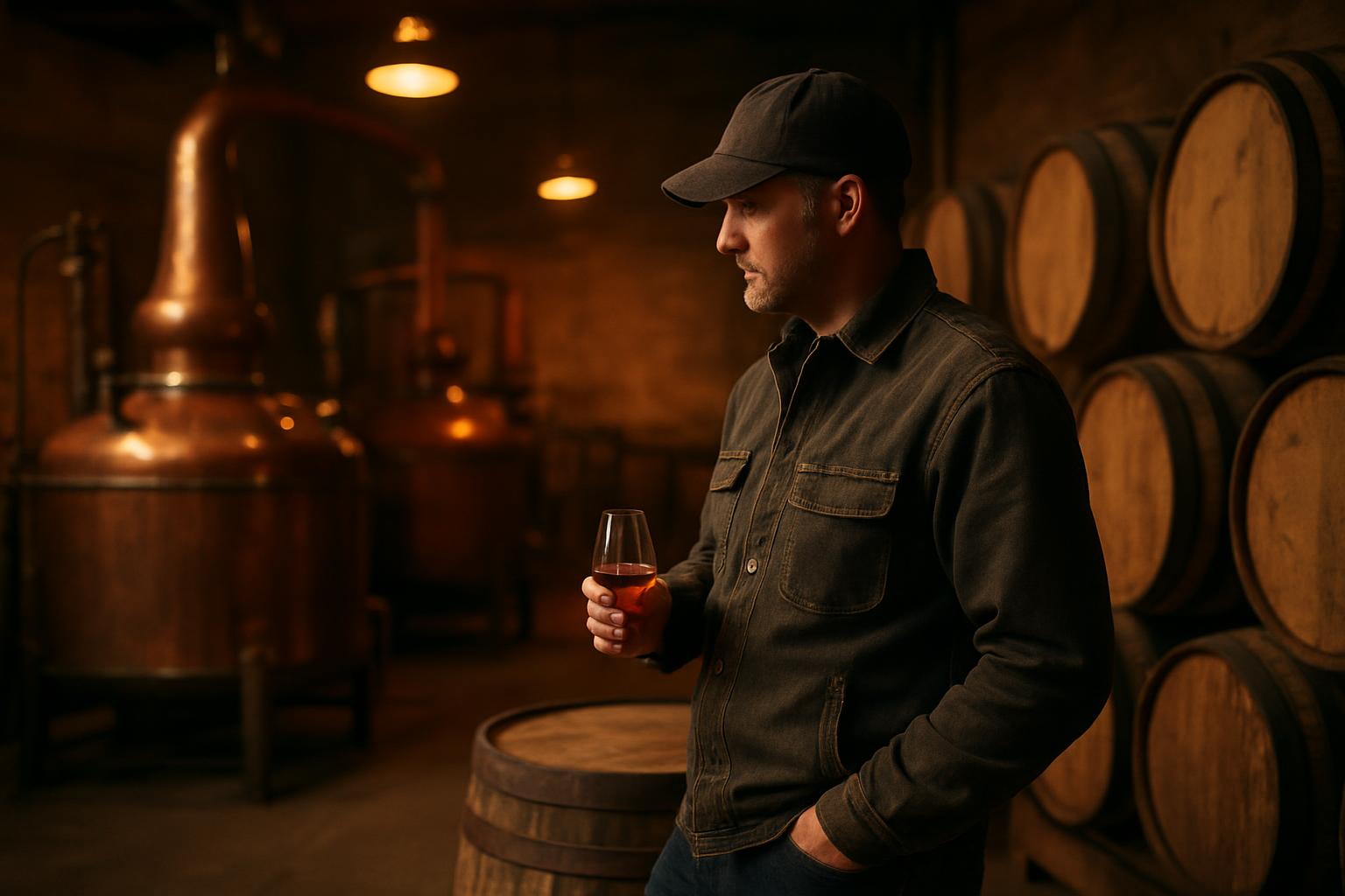 Founder reviewing whiskey bottle labels in a Texas distillery
