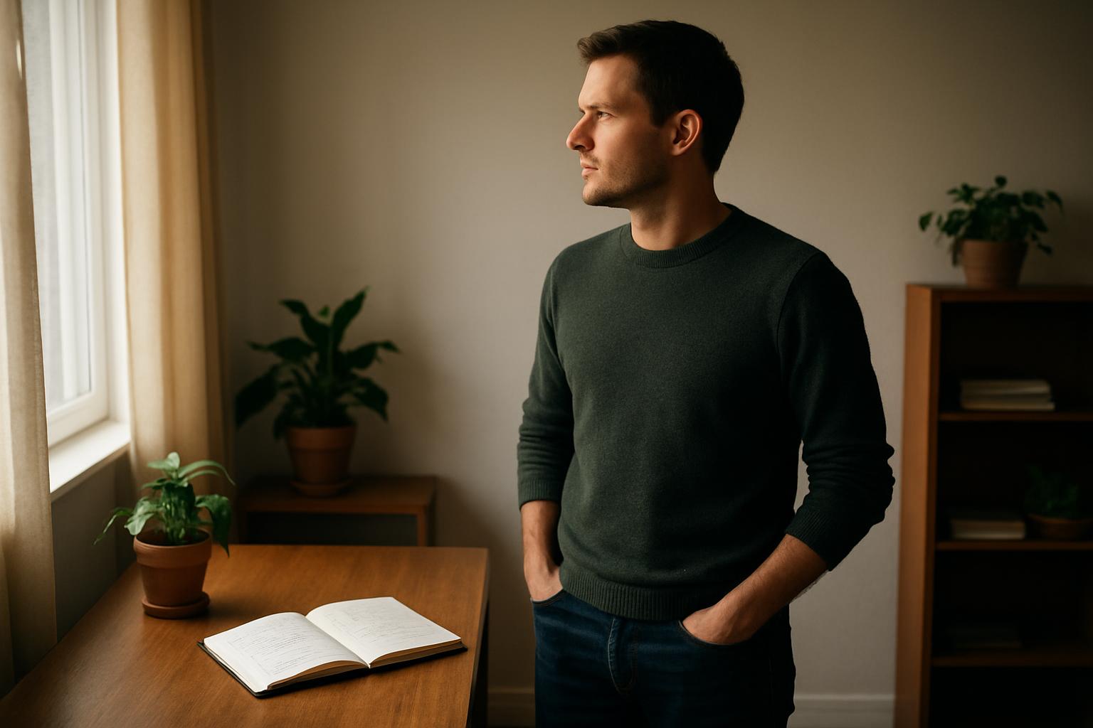 Solo founder reviewing name ideas on laptop in small office