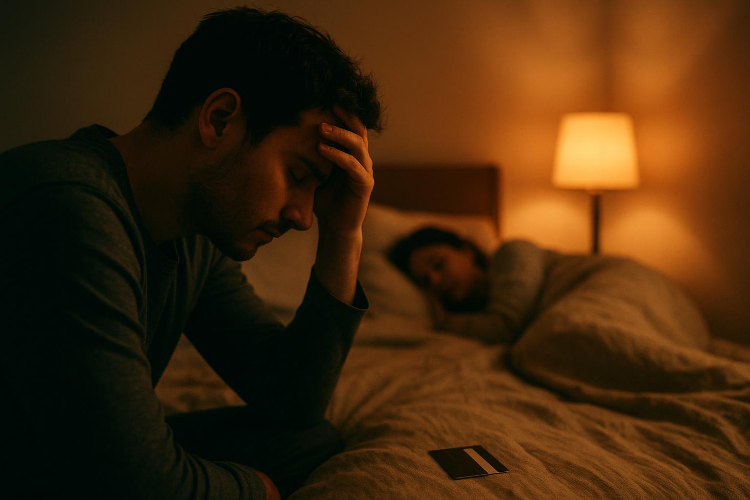 Founder comparing domain options on laptop in dark apartment